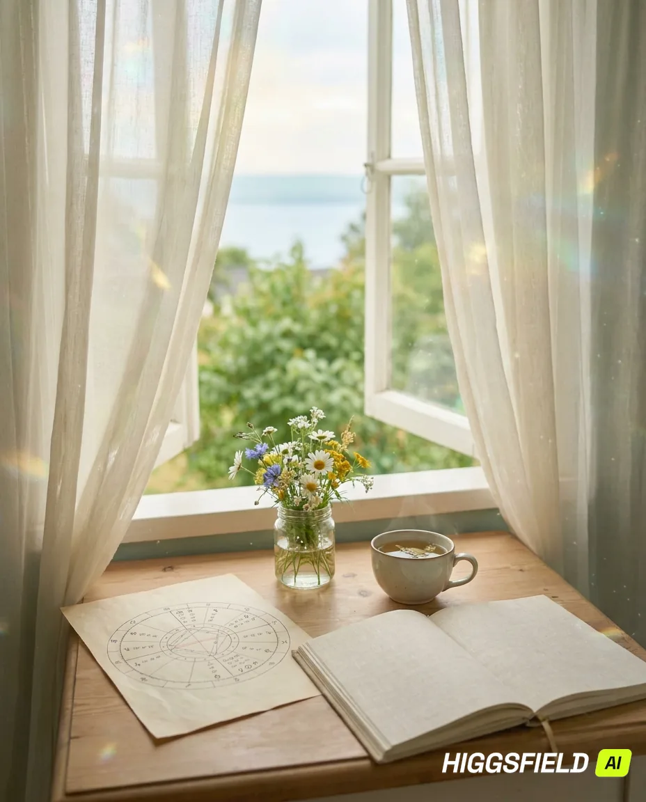 A sunlit desk by an open window with a natal chart, open journal, wildflowers, and tea, greenery beyond.