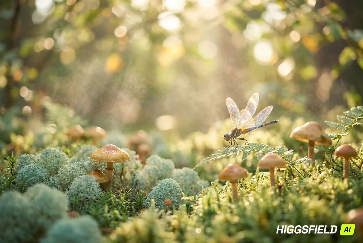 Macro of a forest floor with moss, mushrooms, and a dragonfly with iridescent wings.