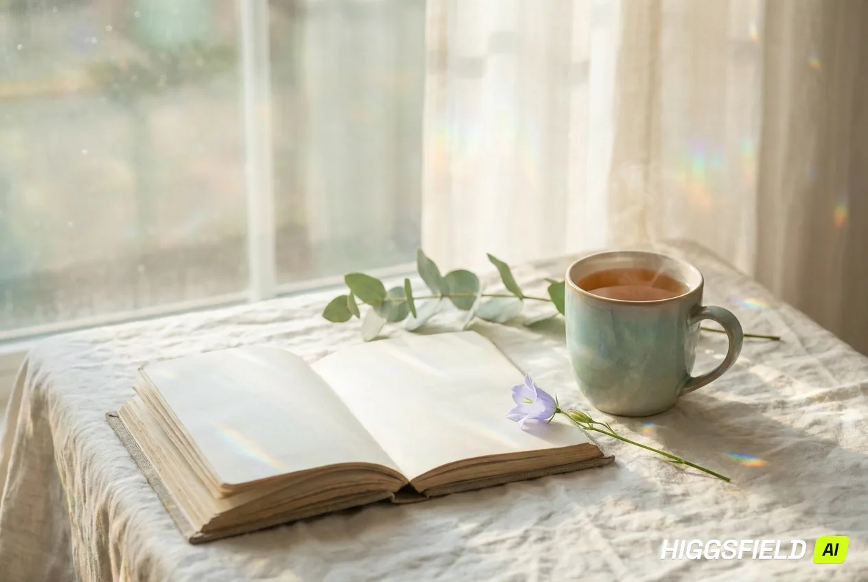 Soft morning light on an open journal with tea and greenery.