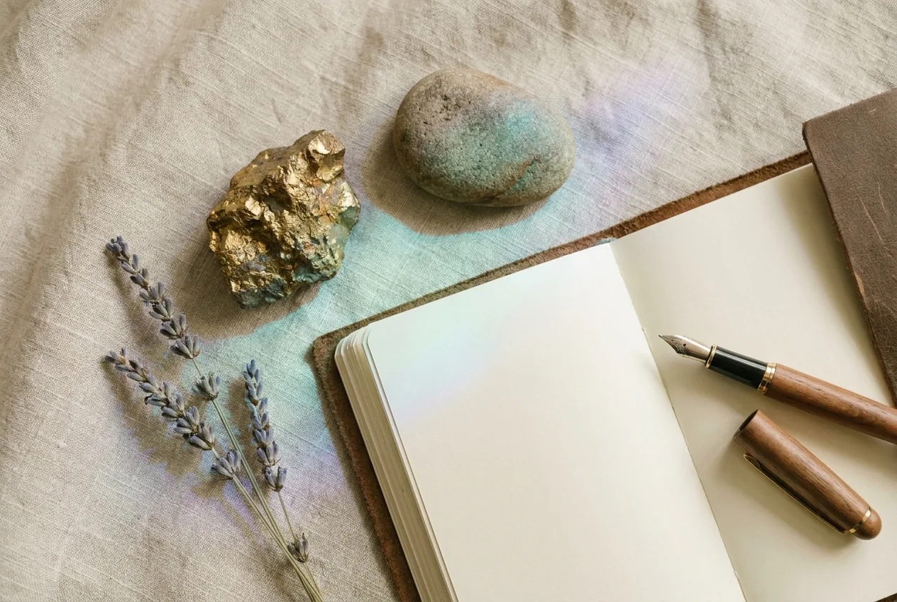 A grounded still life in daylight: a piece of raw gold ore, a smooth river stone, dried lavender, and an open notebook on warm linen.