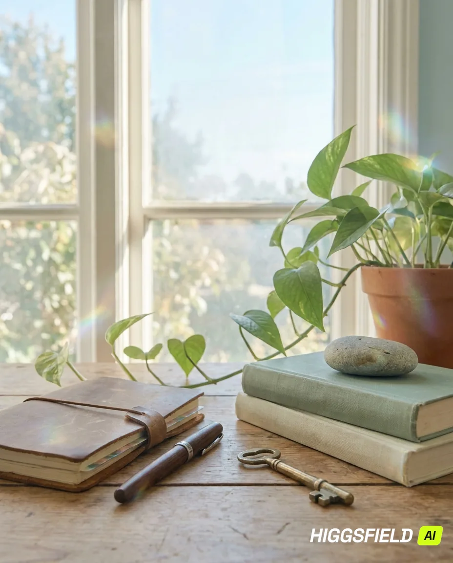 A grounded still life with a leather notebook, fountain pen, books, a brass key, and a trailing plant in natural light.